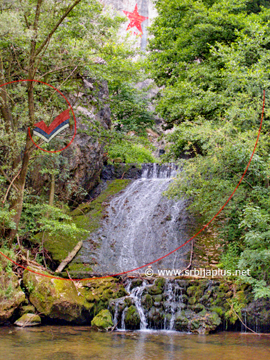 Početak klisure s branom, petokrakom i JNA na strmoj steni, Osanička klisura, Osanica, Žagubica